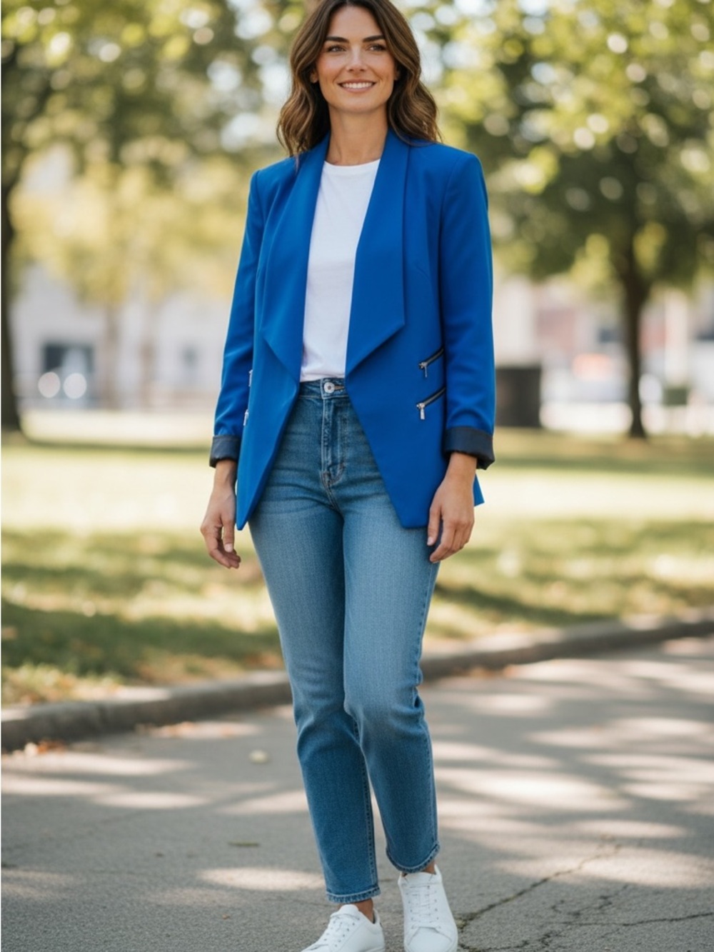 Nine West Cobalt Blue Open-Front Draped Blazer with Zip Details